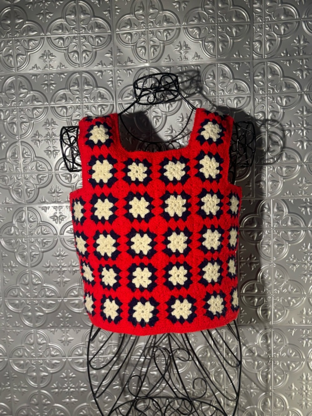 1970’s vintage crocheted sweater Tank crop top groovy bold Red white hippy boho